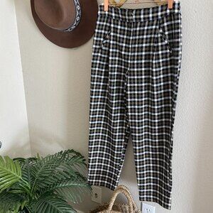Topshop Green Black Plaid Pleated High Rise Trouser Pants Academia Preppy Grunge